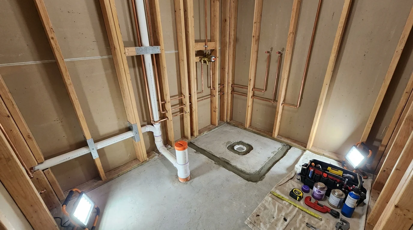 Bathroom rough-in plumbing during remodel by Johns Plumbing LLC in Opp
