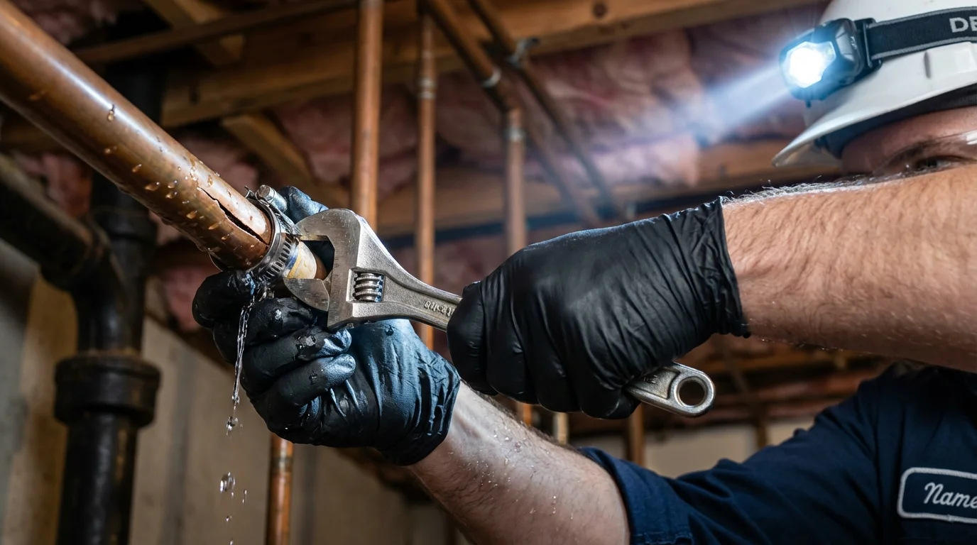 Emergency pipe clamp repair being performed by a Johns Plumbing LLC plumber in Opp