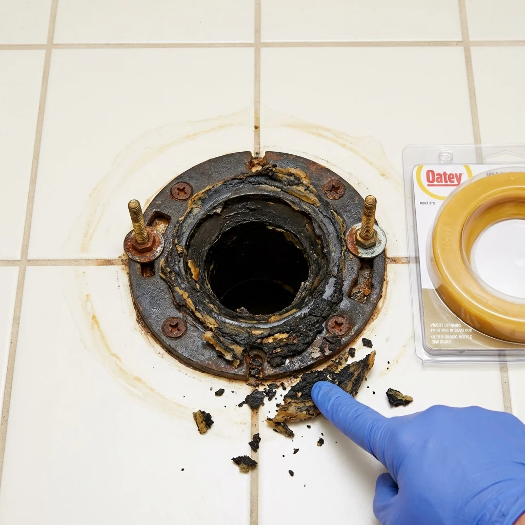 Failed wax ring showing water seepage at the base of a toilet in a Opp, AL home