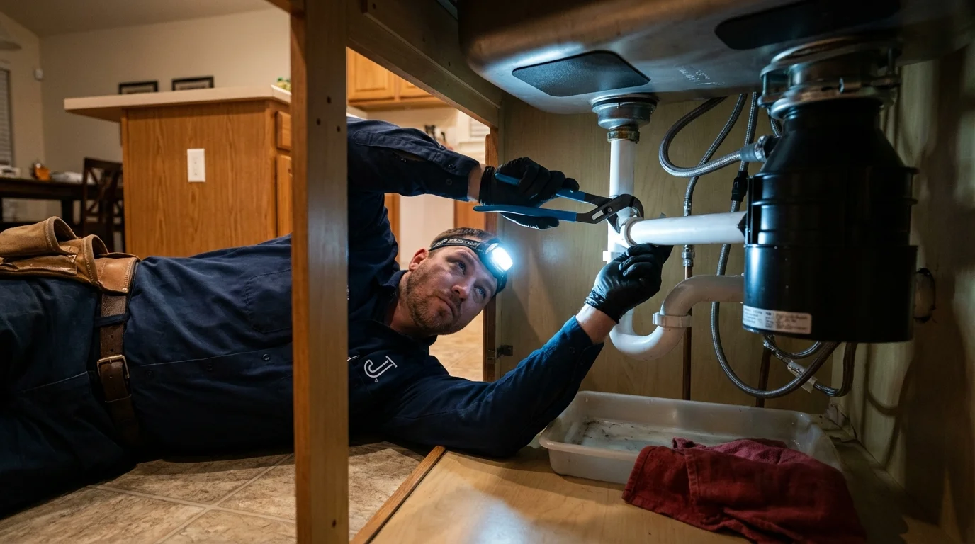 P-trap and supply line connections under a kitchen sink showing a common leak point in Opp, AL
